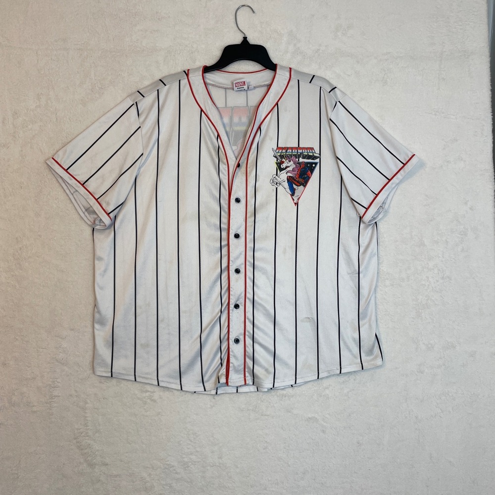 Marvel Deadpool Unicorn Baseball Jersey Shirt 2XL White Black Stripe Graphic